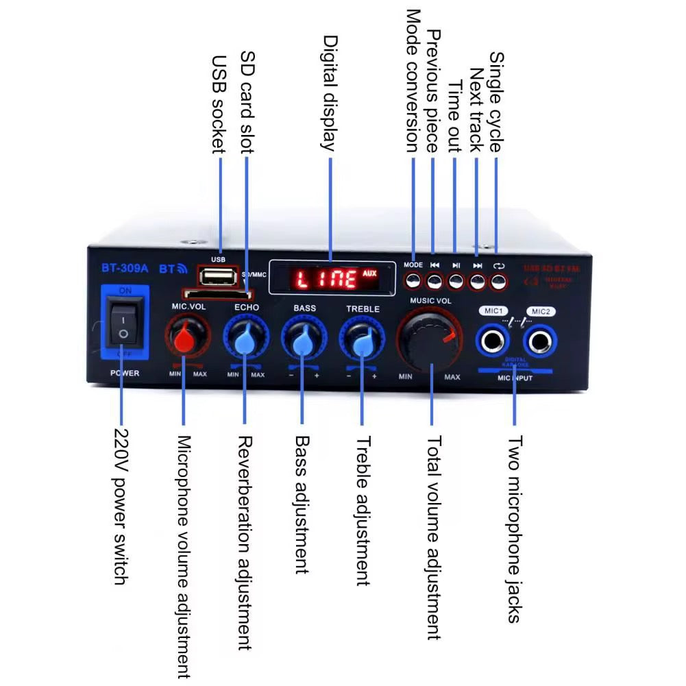 Amplificador 12V 220V FM BT MIC SD USB