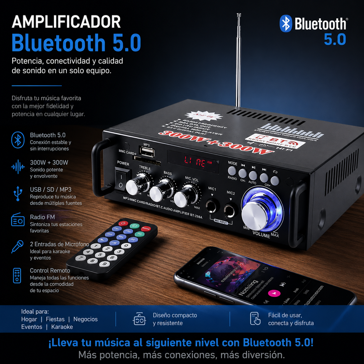 Amplificador 12v - 220v con Bluetooth