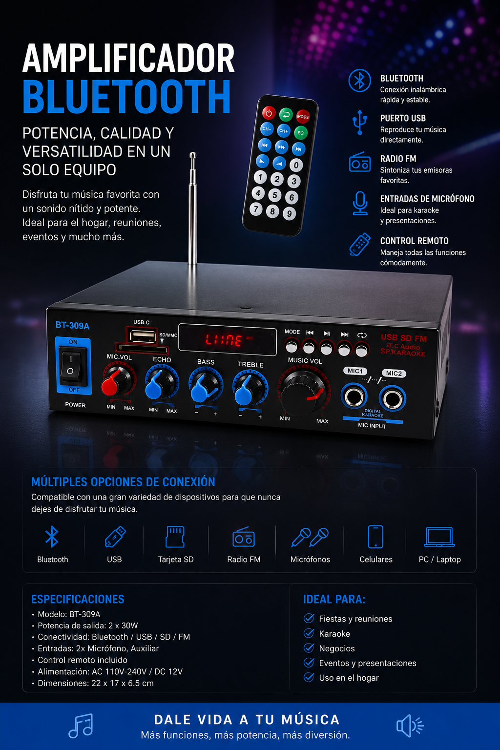 Amplificador 12V 220V FM BT MIC SD USB