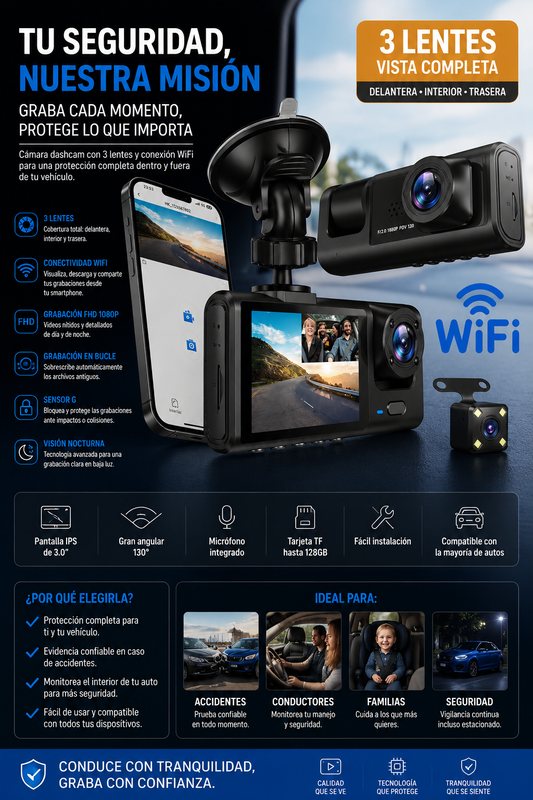Cámara DVR WIFI para vehiculo 3 camaras