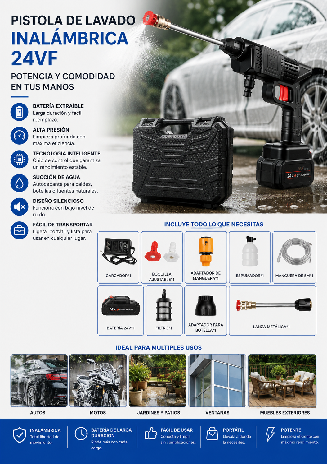 Pistola lava autos con bateria recargable