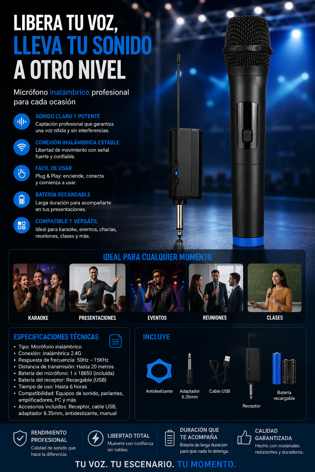 Micrófono inalámbrico UHF recargable