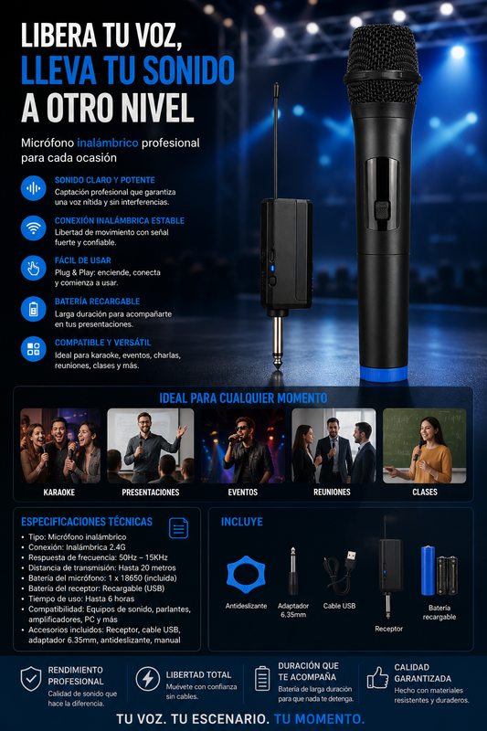Micrófono inalámbrico UHF recargable