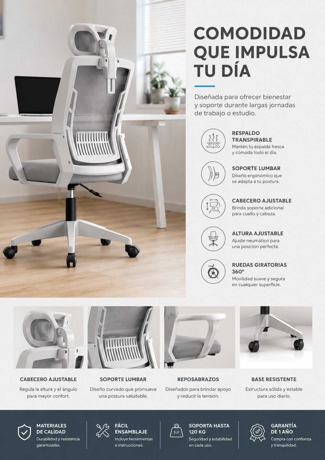 Silla para oficina color Blanco , tapiz Gris con cabecera