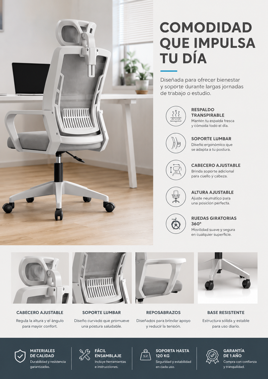 Silla para oficina color Blanco , tapiz Gris con cabecera