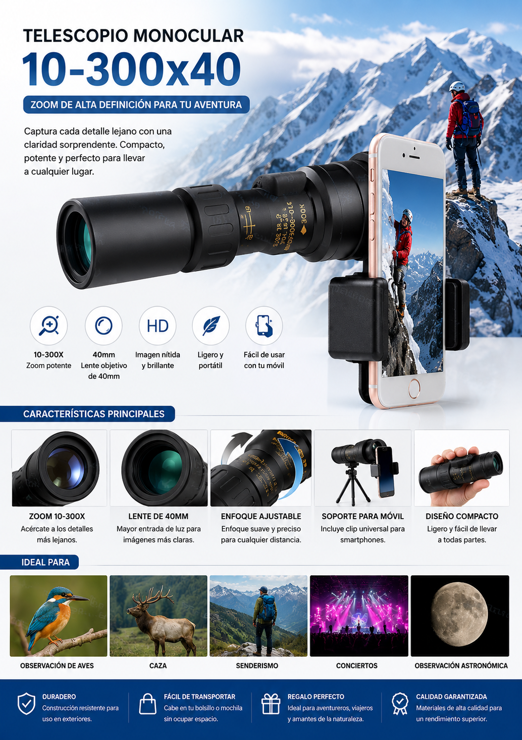 Telescopio monocular con zoom para celular